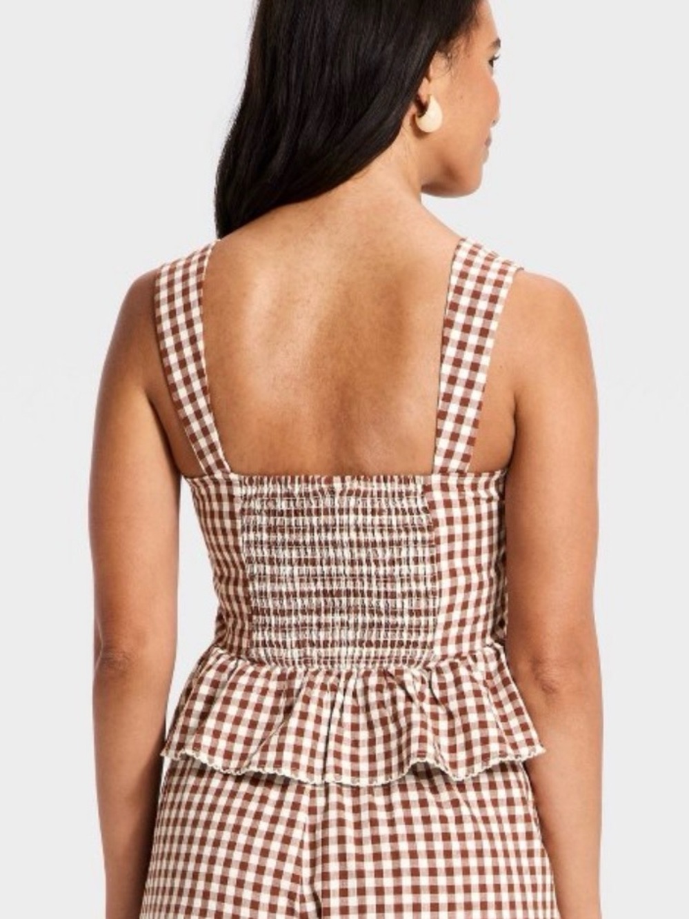 NWT Button-Front Peplum Tank Top Blouse in Brown Gingham, Women’s Large - Picture 2 of 10